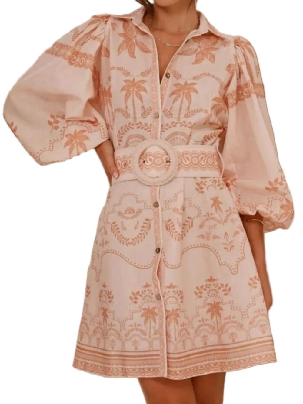 Palm Beach Belted Waist Button Down Baloon Long Sleeve Boho Mini Shirt Dress - Picture 6 of 10